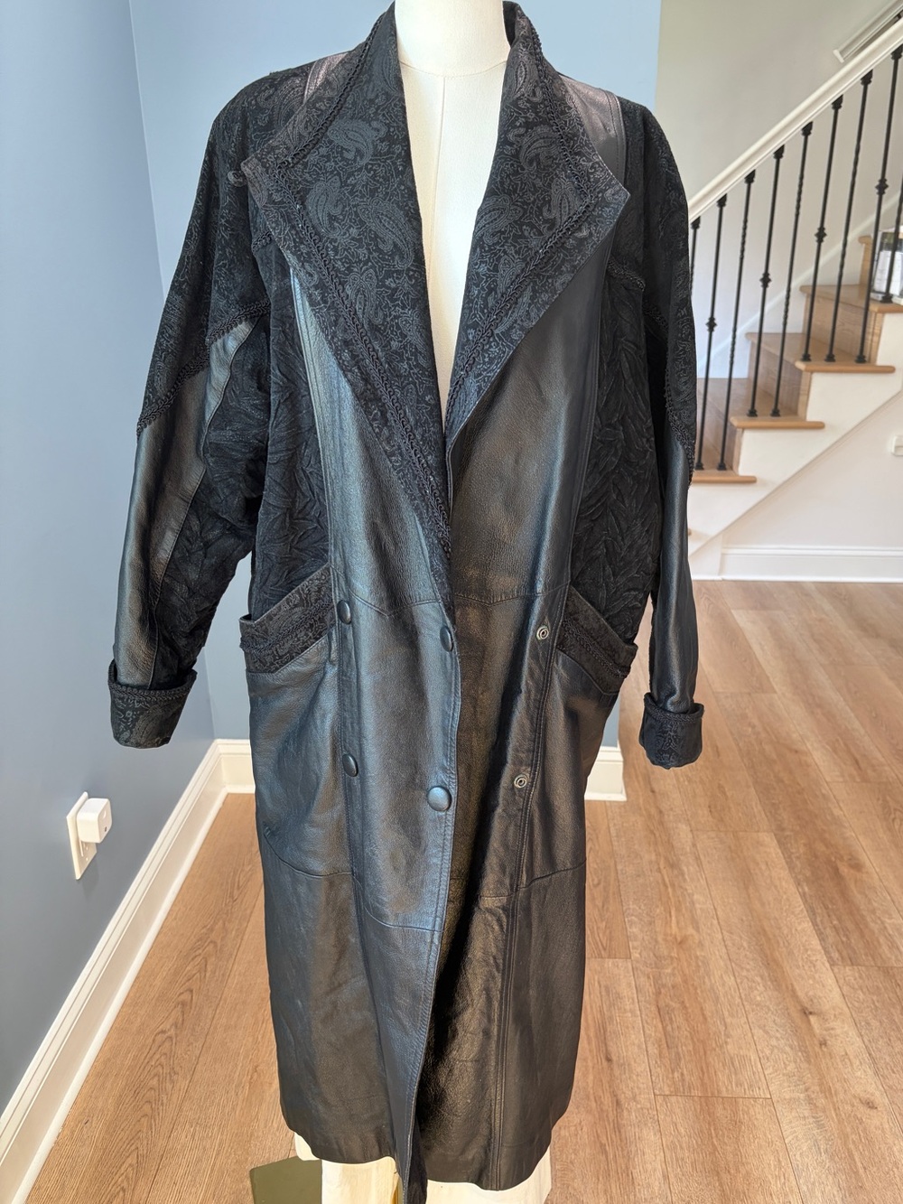 Vintage 80s Wilsons Leather Black Paisley Patchwork Long Leather Coat Small